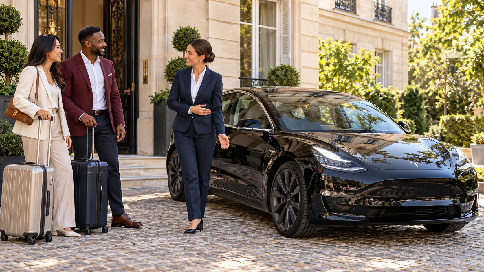 Une chauffeuse en costume bleu marine accueille un couple avec ses valises près d’une Tesla noire