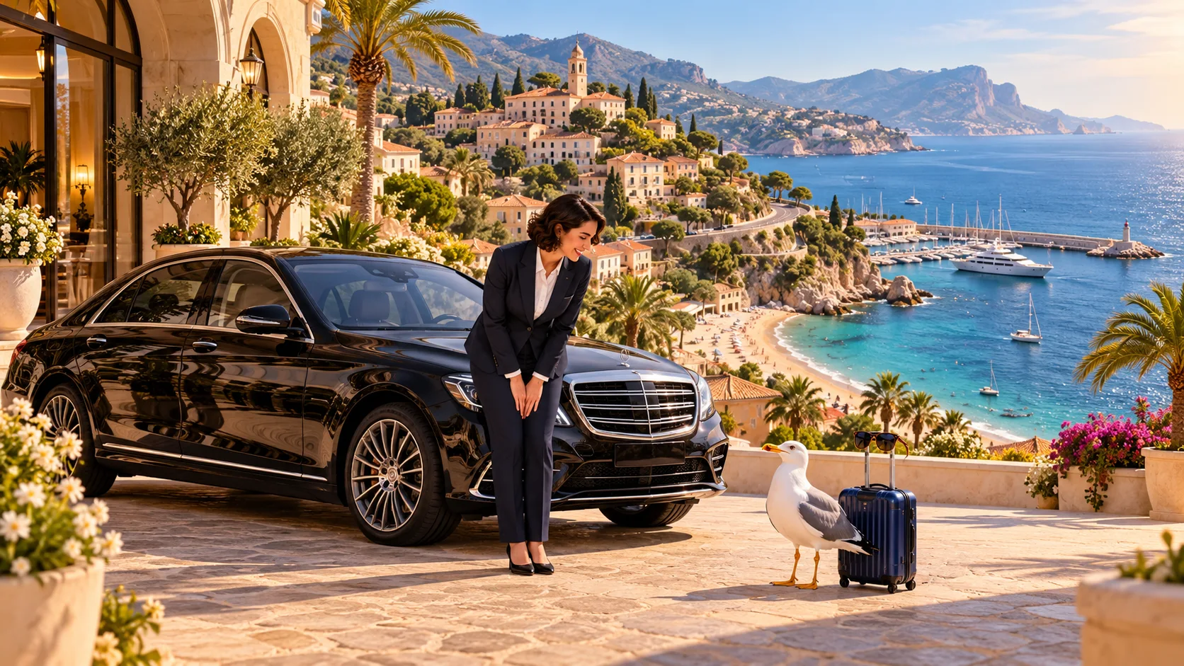 Une chauffeuse en costume bleu marine près d’une berline noire et d’une mouette sur le littoral méditerranéen