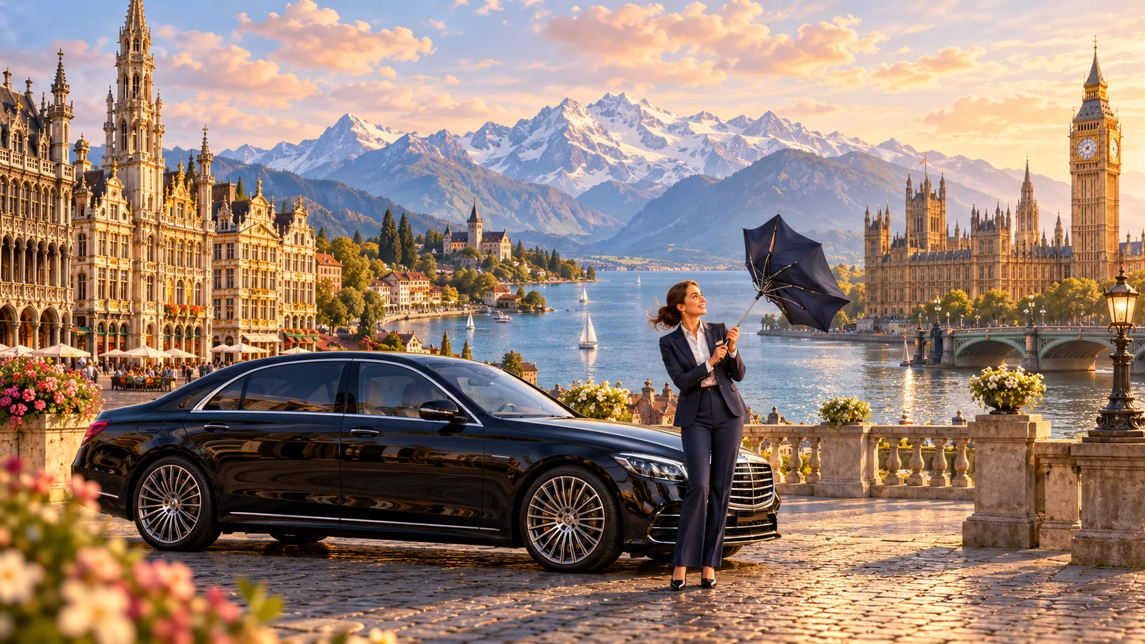 Une chauffeuse et une berline noire dans un panorama illustré évoquant Bruxelles, la Suisse et Londres