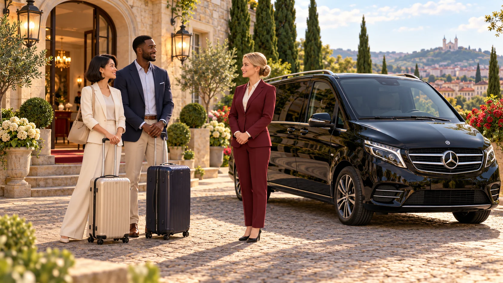 Une chauffeuse accueille deux voyageurs et leurs valises devant un van noir et un hôtel de campagne