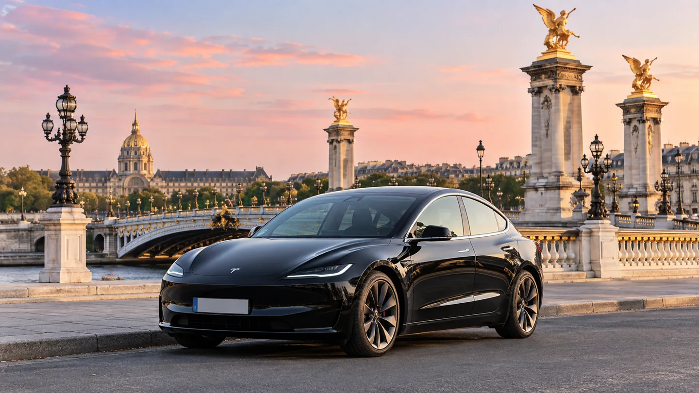 VTC Odyscab : Tesla Model 3 noire près du pont Alexandre-III