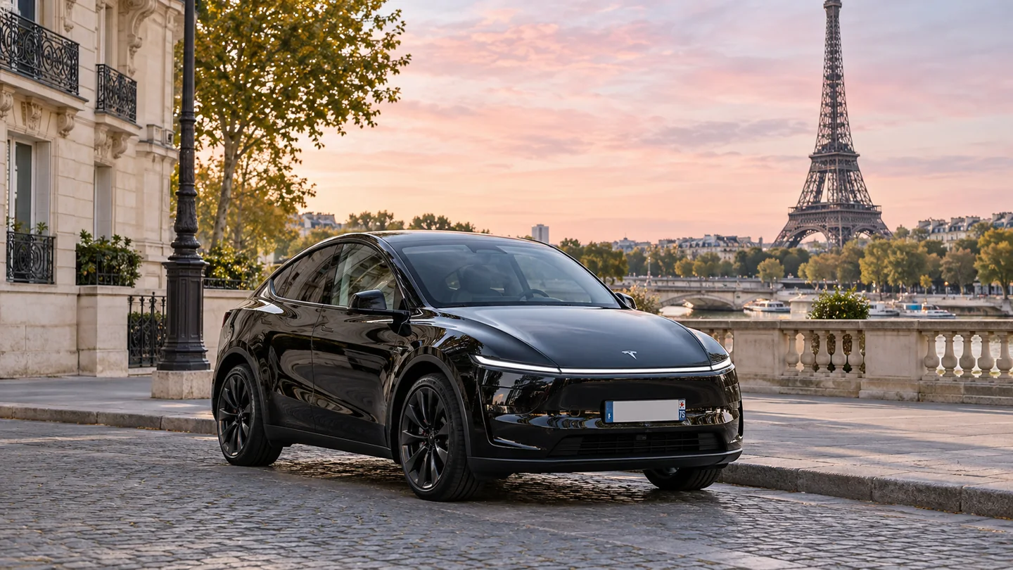 Tesla Model Y noire au Trocadéro, avec la tour Eiffel à l’arrière-plan