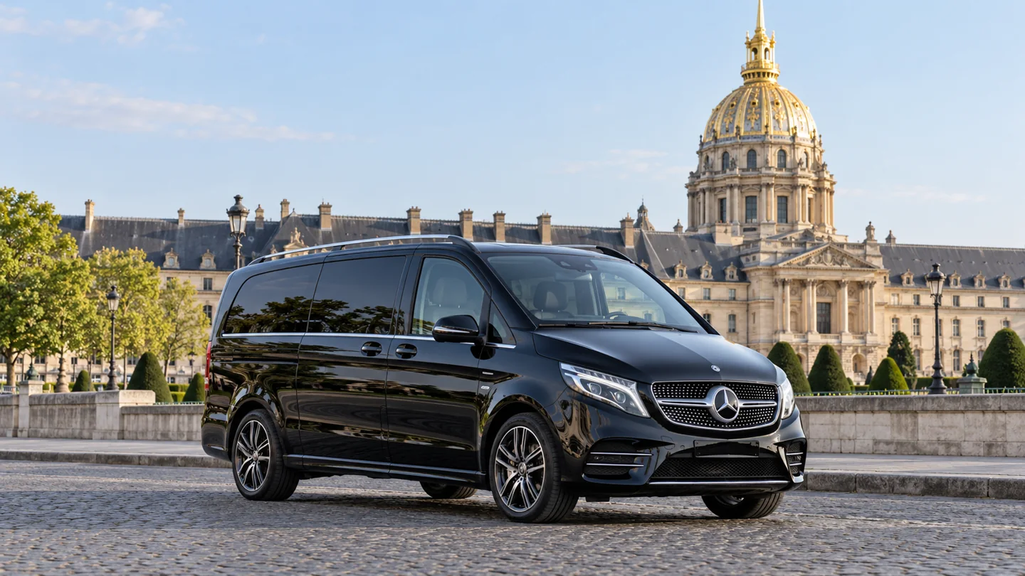 Van Mercedes Classe V noir pour le transport de personnes, devant les Invalides